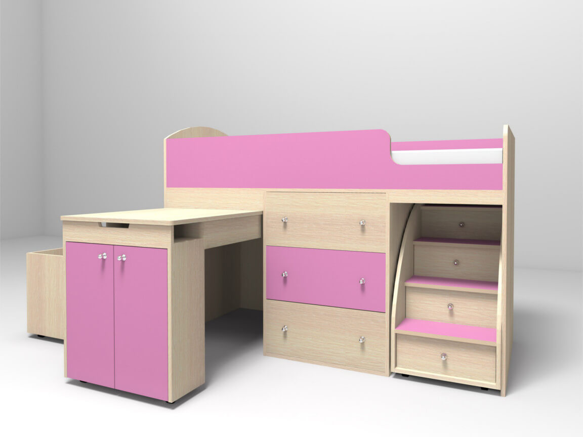 Кровать-чердак Малыш дуб-розовый